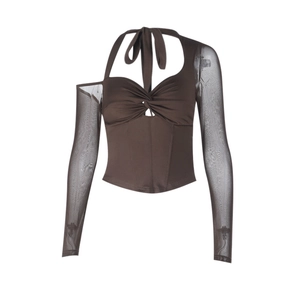 Detail of a brown off-shoulder knit top with sheer mesh sleeves and twisted knot design