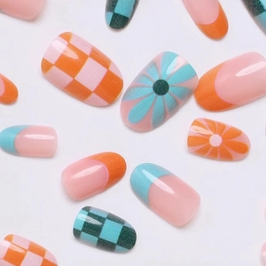French check plaid and daisy floral pattern press-on nails in orange and blue finish