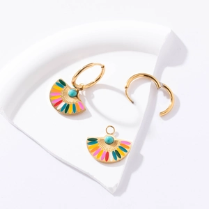 Luxurious bohemian fan-shaped stainless steel earrings with colorful enamel and turquoise bead