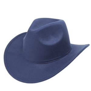 Close-up of the dark blue wool felt cowboy hat showing fine stitching on the curved brim