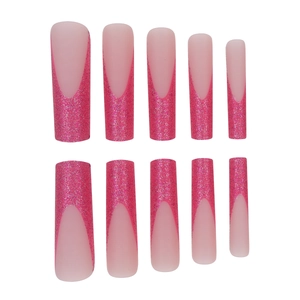 Long French glitter press-on nails with rose red gradient and square shape design