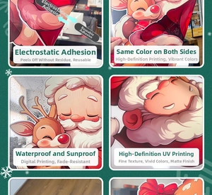 Detailed view of Santa and reindeer window stickers featuring static cling and UV printing