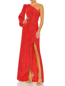 Elegant red sequin evening gown with one-shoulder sleeve, waist cutout, and high slit