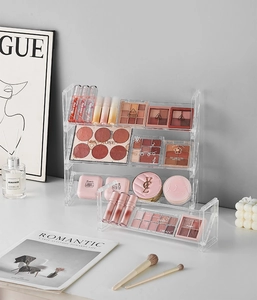 Close-up of a high-quality acrylic makeup organizer with a tiered shelf design