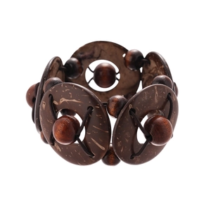 Bracelet élastique ethnique en coque de noix de coco et perles de bois naturel