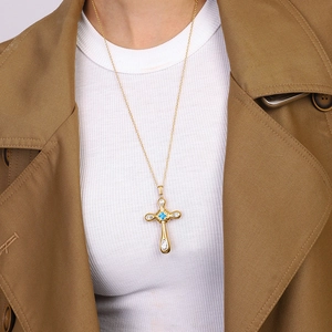 Gold cross necklace with blue square gemstone and white water drop crystals for women