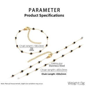 Detailed size chart for stainless steel beaded necklace and bracelet set in gold finish