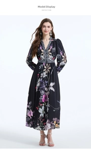 Close-up detail of V-neck floral dress with ethnic embroidery and lantern sleeves