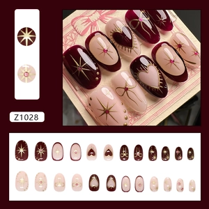 Retro wine red star and bow press-on nails set with pink rhinestones and 24 pieces