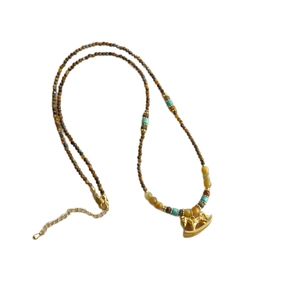 18K gold plated necklace with tiger eye beads and vintage rocking horse pendant