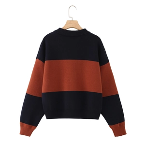 Women's casual long sleeve knit polo sweater with navy blue and rust red stripes