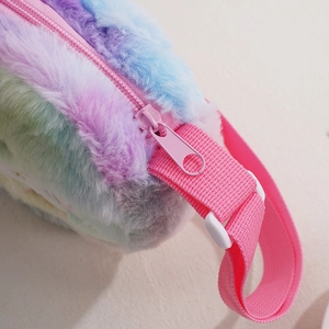 Cute rainbow plush unicorn shoulder bag with pink zipper and adjustable strap