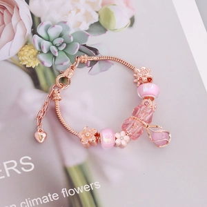 Charm Bracelet Rose Gold Alloy With Glass Beads Crystal Flower Heart Pendant Snake Chain Fashion Jewelry For Women