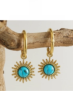 Detailed close-up of 18K gold-plated sunflower earrings with turquoise stone on a wooden branch