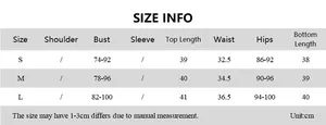 Size chart for summer tank top and skirt set with measurements in cm for sizes S, M, and L