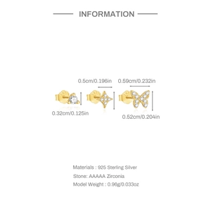 Detailed size and specs for 925 sterling silver star and butterfly stud earrings set