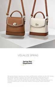 Detail of litchi texture leather crossbody bags with metal oval twist locks and top handles