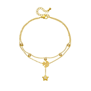 Bracelet de cheville double rangée en acier doré avec pendentif étoile lune et cristaux