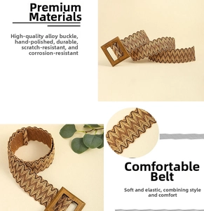 Macro detail of elastic woven belt with brown wavy pattern and square wood-texture buckle