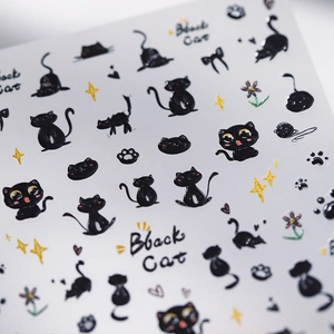5D embossed black cat nail stickers with gold stars and floral patterns for nail art decoration