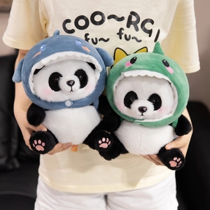 Cute Panda Plush Toy With Animal Hoodie Shark Dinosaur Chick Pig Soft Stuffed Doll Gift