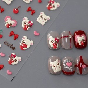 5D Embossed Nail Art Stickers Cute Cartoon Hamster Cherry Heart Bow Self Adhesive Stereoscopic DIY Manicure Decoration
