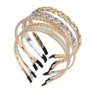 Minimalist alloy chain headbands in gold and silver finish, displayed on white background