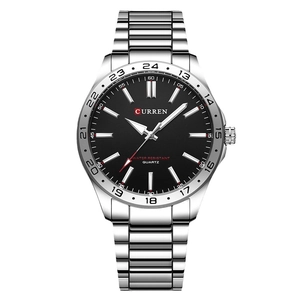 CURREN men's business quartz watch with silver steel band and black dial on white background