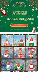Detail of colorful Christmas gnome window stickers showing varied festive designs