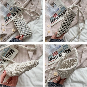 Detail views of beige woven crossbody phone bag showing texture and interior structure