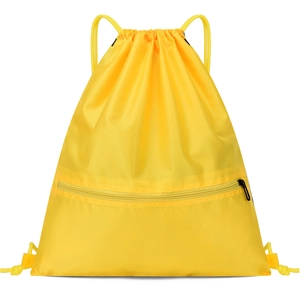 Bright yellow drawstring gym backpack with front zipper pocket and honeycomb ripstop fabric