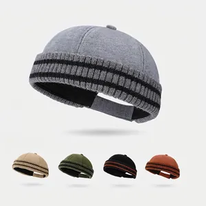Vintage Docker Hat Randlose Miki Kappe Baumwolle Gestrickt Gestreift Verstellbar Winter Warm Retro Yuppie Beanie Unisex