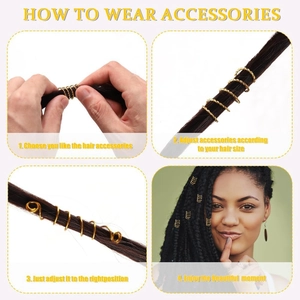 Step-by-step guide showing how to wear gold metal dreadlock hair rings and cuffs