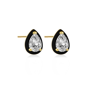 Detailed shot of pear-cut clear zircon earrings with black enamel border and gold finish