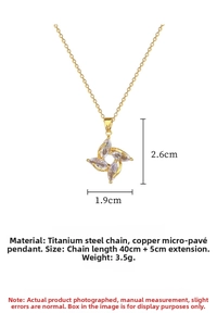Detailed view of spinning flower necklace with zircon inlays and dimensions
