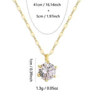 Elegant gold S925 silver necklace with six-prong round clear gemstone pendant 1.3g
