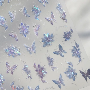 3D holographic butterfly and flower nail stickers with laser gold stamping effect