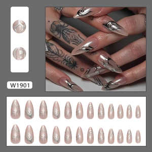 Metallic flame almond press-on nails set with silver liquid texture on pearly pink base