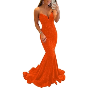 Elegant bright orange sequin mermaid evening gown with a deep V-neck and slim fit silhouette