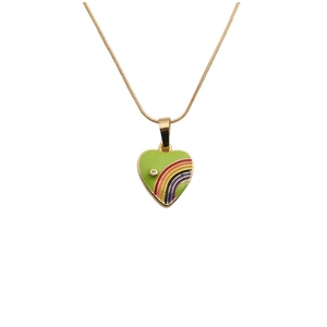 Golden heart necklace with green enamel rainbow pendant on a stylish snake chain