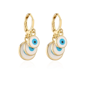 Golden evil eye drop earrings with triple round pendants and blue enamel accents