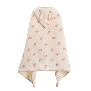 Soft cotton gauze hooded baby towel with pink rabbit print and cute bunny ears