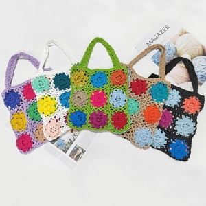 Handmade Crochet Tote Bag Acrylic Yarn Flower Patchwork Hollow Out Granny Square Bohemian Vintage Handbag For Women