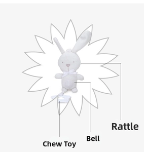 White rabbit plush toy for babies featuring teether, bell, and squeaker functions