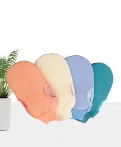 Detail of 4-color exfoliating gloves in orange, yellow, blue and green colors