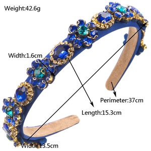 Baroque floral headband with blue rhinestones and gems on a slim frame with measurements