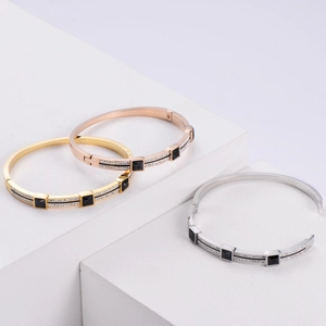 Square black stone bangles with rhinestones in gold, rose gold and silver finishes
