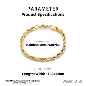 Detailed technical diagram of a 18k gold stainless steel 4mm rope chain bracelet