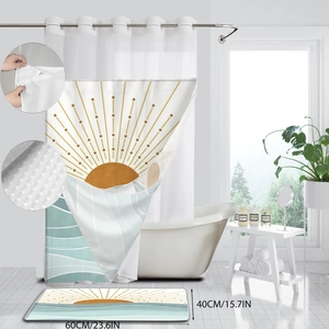 Detail showing waffle fabric shower curtain texture and the matching non-slip bath mat set