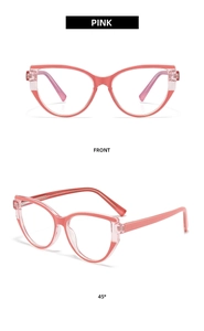 Front and 45-degree angle view of pink cat-eye blue light blocking glasses frames
